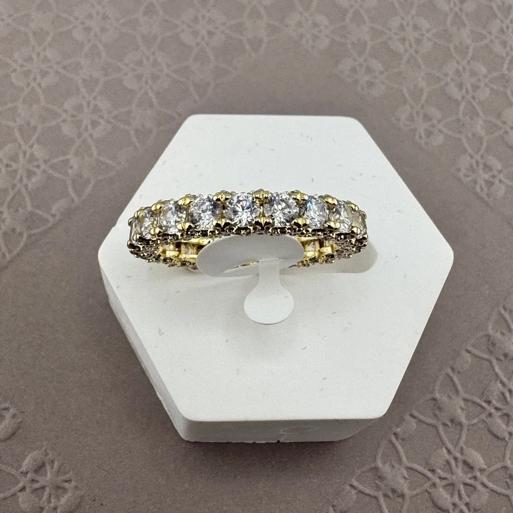 Gold Plated Eternity Band Ring Round Cut Clear Cubic Zirconia Sparkling Jewelry